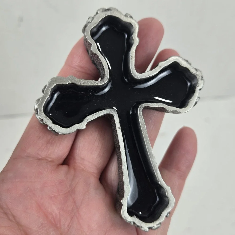 VTG  Pewter Color Ganz Cross Trinket Jewelry Prayer Box Black Enamel Lined MINT